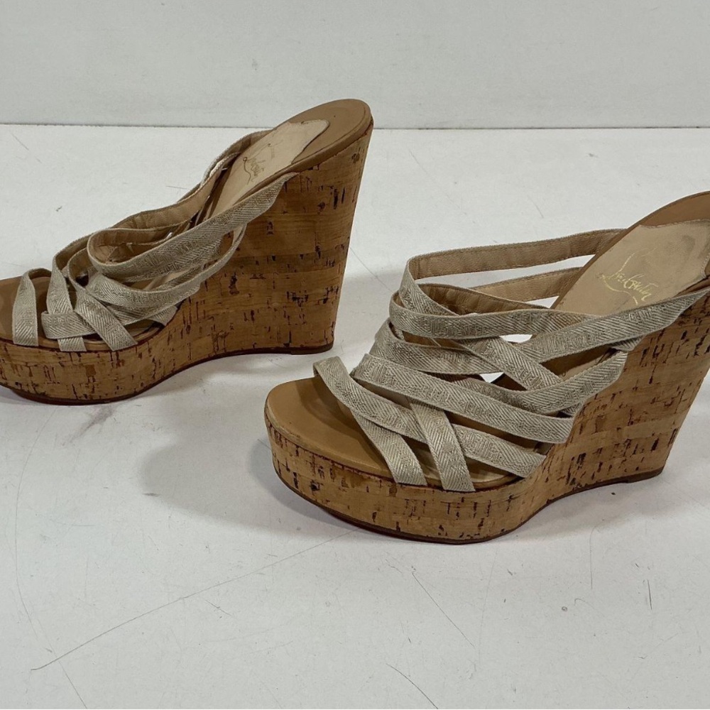 Christian Louboutin Corniche Cork Beige Woven Platform Wedge Sandals Size 40.5